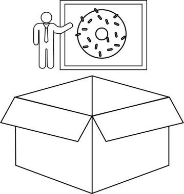 Açık bir kutunun üzerinde, sunumlar veya yaratıcı projeler için uygun bir çörek resmi sunan kişiyi gösteren bir çizgi çizimi.