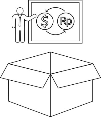 Açık bir karton kutunun üzerinde dolar kurunu gösteren bir sunum, uluslararası ticaret veya finansal işlemleri simgeliyor.