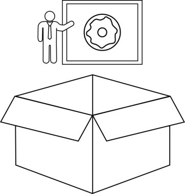 Panoda donut sunan bir kişinin basit bir siyah beyaz çizgisi çizimi, altında açık bir kutu var..
