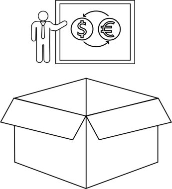 Bir işadamı açık bir kutunun üzerinde para değişimi konsepti sunar, finansal fırsatları ve basit bir çizgi çizimindeki ticareti sembolize eder..