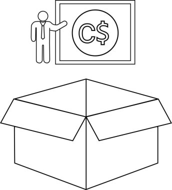 Açık bir kutunun üzerinde para birimi sembolü gösteren bir sunucu çizimi, finansal kavramları sembolize eder..