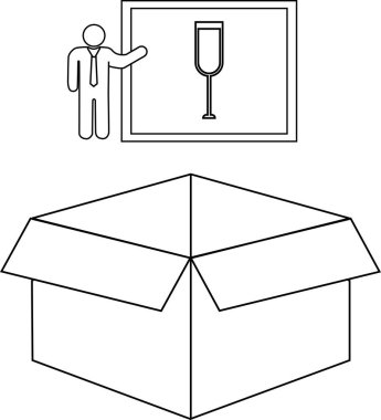 Açık bir kutu ve bardağı gösteren bir talimat levhasıyla kırılgan mal taşıma tasviri. Paketleme ve lojistik için uygun.