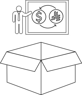 Bir işadamı, aşağıda ticaret veya yatırımı sembolize eden bir kutu ile dolar ve lira değişimi finansal bir kavram sunar..