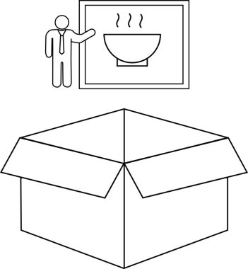 Üzerinde yiyecek sunumu olan açık bir kutunun basit bir çizgi çizimi..