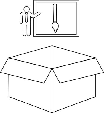 Üzerinde bir tablo olan açık bir kutunun ve tablonun yanında duran bir kişinin basit bir siyah beyaz çizimi..