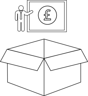 Üzerinde pound işareti olan açık bir kutunun ve yanında birinin durduğu siyah beyaz bir çizim..