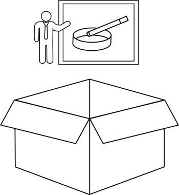 Siyah-beyaz bir çizim, açık bir karton kutunun üzerinde sigara içilmez tabelasını gösteren bir çizgi figür gösteriyor..