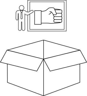 Çizgi, takım elbiseli bir adamın açık bir kutunun üzerinde yumruk tokuşturduğunu gösteriyor..