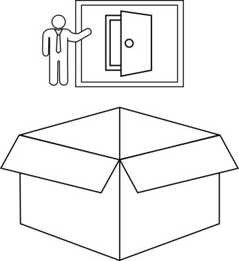 Açık bir kutunun üzerindeki kapının yanında bir kişiyi gösteren siyah-beyaz bir illüstrasyon, seçim, fırsat veya ambalaj kavramlarını iletir.