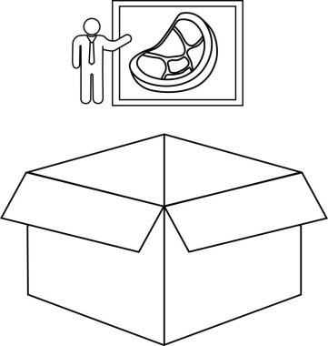 Bir çizgi çizimi açık bir kutunun üzerinde bir et ürününün çerçeveli bir görüntüsünü sunan bir kişiyi gösterir, ürün teslimatı veya sunumu önerir.
