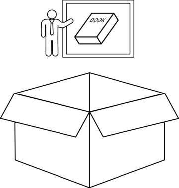 Çizgi, bir kişinin açık bir kutunun üzerinde bilgi ve öğrenme kaynaklarını sembolize eden bir kitabı sunuşunu gösteriyor..