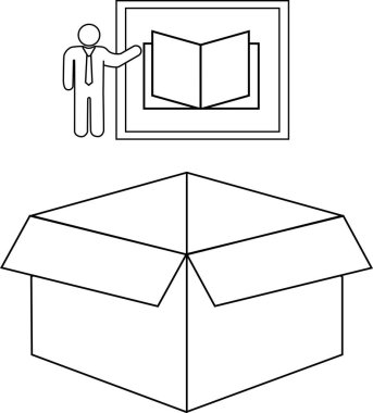 Basit bir siyah-beyaz illüstrasyonunda bir kişi açık bir kutunun üzerinde kitabı sunar, çeşitli kavramsal kullanımlar için uygundur..