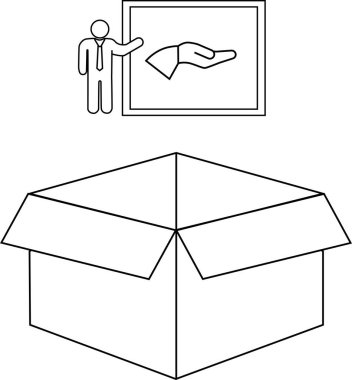 Basit bir siyah-beyaz çizimi bir kişinin açık bir kutunun üzerinde el hareketi gösterdiğini gösteriyor..