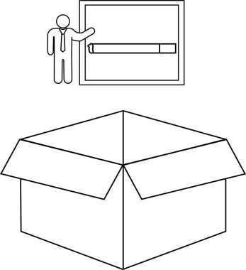 Basit bir siyah-beyaz illüstrasyon, bir kişinin ürünü açık bir kutunun içinde sunuşunu gösteriyor, çeşitli amaçlar için uygun..