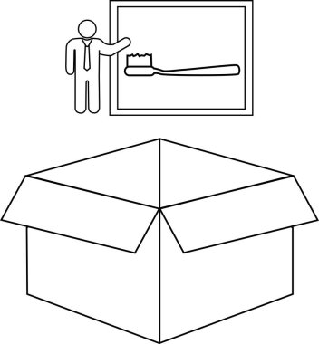 Bir çizgi çizimi, diş fırçasını açık bir kutunun yanında sunan kişiyi gösteriyor, bu da diş hijyen ürünleri veya bir teslimat olduğunu gösteriyor..