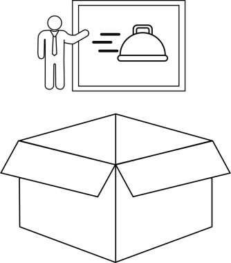 Gıda dağıtım servisiyle ilgili bir konsepti sunan bir kişiyi bir kutu ve sunum panosuyla tasvir eden bir çizgi çizimi..