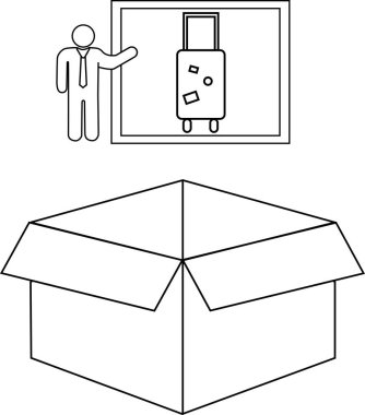 Bir kişinin basit bir çizimi, bavul ve açık kutu, muhtemelen taşınmak ya da depolamak için..