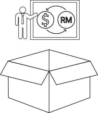 Açık bir karton kutunun üzerindeki döviz grafiğini gösteren bir çizgi çizimi sunucusu.