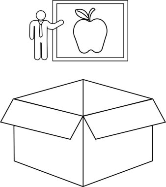 Bir öğretmenin basit bir siyah beyaz çizgi çizimi açık bir kutunun yanında bir elma sunar, eğitim veya tasarım amaçları için uygundur..
