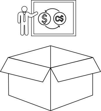 Açık bir kutunun üzerinde para birimi konseptini gösteren, mali işlemleri veya yatırımı sembolize eden siyah beyaz bir illüstrasyon..