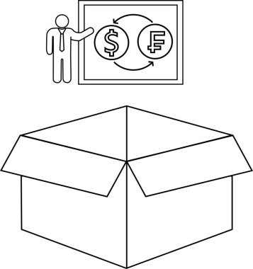 Bir çizgi çizimi, açık bir karton kutunun üzerindeki döviz döviz diyagramını gösteren bir sunucu gösterir.