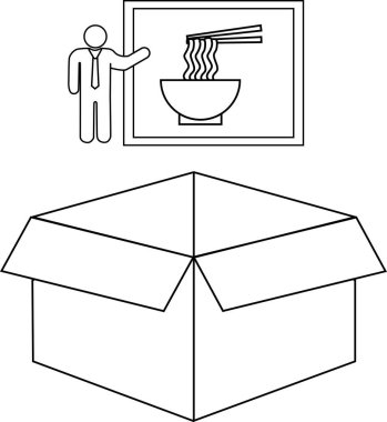 Açık bir kutunun üzerinde erişte tabağı sunan birini gösteren bir çizgi çizimi, iş kavramlarını sembolize ediyor..
