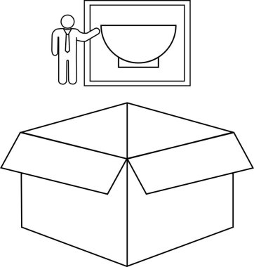 Üzerinde bir kase sembolü olan açık bir kutunun tasviri, basit ve net bir erkek figürünün yanında..