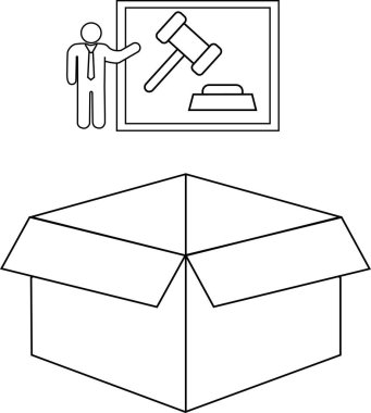 Açık bir kutu yukarıda, kutu içerisindeki yasal konuları veya kavramları sembolize eden yasal bir sunumla tasvir edilir..