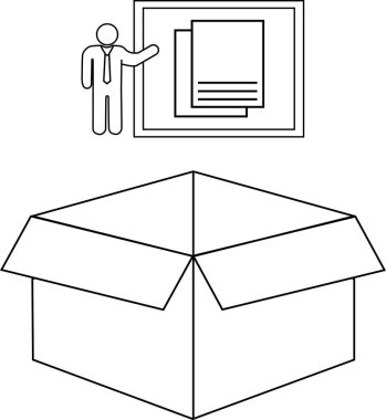 İş kavramlarının ve fikirlerin resmedilmesi için ideal bir kişi ve belgelerin açık bir kutunun üzerinde sunumu.