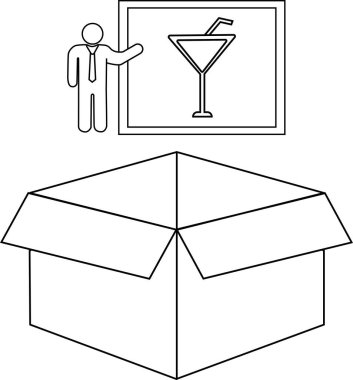 Bir çizgi çizimi, bir sunucunun açık bir kutunun üzerindeki bir kokteyl görüntüsünü göstermesini gösterir..