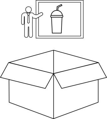 Kutunun içinde içki sunan bir kişinin tasviri, basit ve temiz bir tasarım..