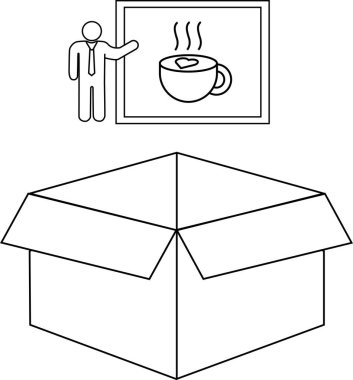 Çubuk bir figür, açık bir karton kutunun üzerinde dumanı tüten bir kahve fincanının çerçeveli bir resmini sunar..