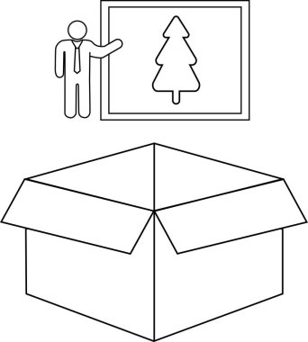 Açık bir kutu illüstrasyonunun yanında Noel ağacı konsepti sunan bir kişi, tatil planlama veya hediye verme fikirlerini öneriyor..