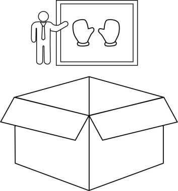 Bir insan açık karton bir kutunun üzerinde boks eldivenleri sunar, muhtemelen hediye veya boks malzemelerini gösterir..
