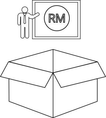 Açık bir karton kutunun üzerinde RM logosu olan bir tahtayı gösteren bir sunucu tasviri, basit bir siyah beyaz çizim.