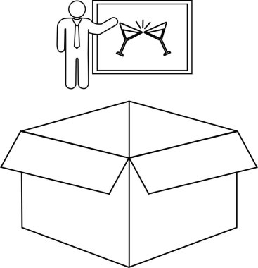 Bir sunucunun çizgi çizimi, açık bir kutunun üzerindeki bir kutlama resmine işaret ediyor. Açığa çıkarmak ya da açıklamak gibi kavramları sembolize ediyor..