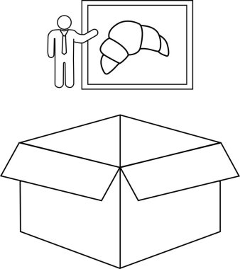 Bir adam açık bir kutunun üzerinde kruvasan resmi sunar, muhtemelen yemek endüstrisi veya iş toplantısıyla ilgilidir..