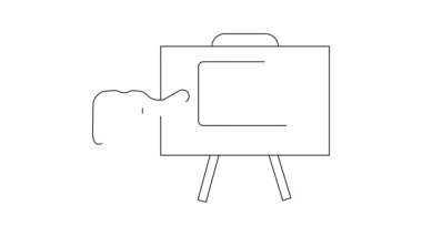 Bilgisayar teknolojisi üzerine sunum yapan bir kişinin basit bir çizgi çizimi, beyaz tahtada dizüstü bilgisayar ve fare var..