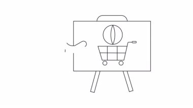 Küresel e-ticareti tartışan bir sunucunun tasviri, sunum tahtasında bir alışveriş arabasındaki bir küreyi içeriyor..