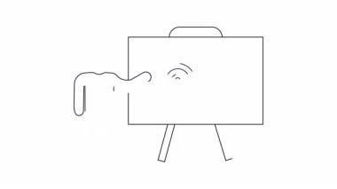 Teknoloji (WiFi sembolü) ve finans (dolar işareti) üzerine sunum yapan bir kişinin basit bir çizgi çizimi. İş veya eğitim içeriği için ideal.