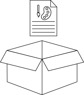 Açık bir karton kutunun üzerinde, paketlenmeye ya da açılmaya hazır bir sanat malzemesi listesinin basit bir çizimi..