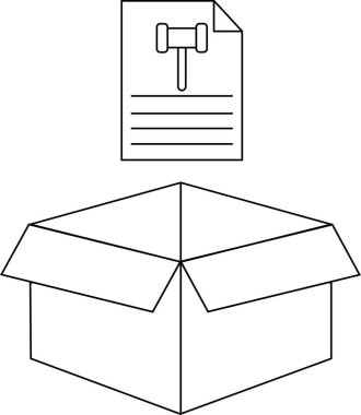 Açık bir karton kutunun üzerine yerleştirilmiş açık artırma kuralları belgesi tasviri, açık artırma öğeleri ve yönetmeliklerini simgeliyor.