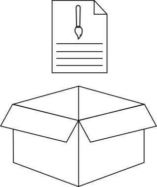 İçinde sanat talimatları olan bir kutu. Yaratıcı bir proje ya da sanat kiti öneriyor. Basit çizgi çizimi, siyah beyaz illüstrasyon.
