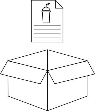 Üstü açık bir kutu, ve üzerinde bir içecek menüsü, ana hatlı bir tasvirle..