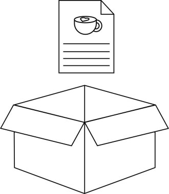 Üzerinde bir belge olan açık bir kutunun olduğu minimalist bir çizgi çizimi, kahve fincanı grafiği sergiliyor. Teslimat, içerik veya bilgi iletimi için ideal.