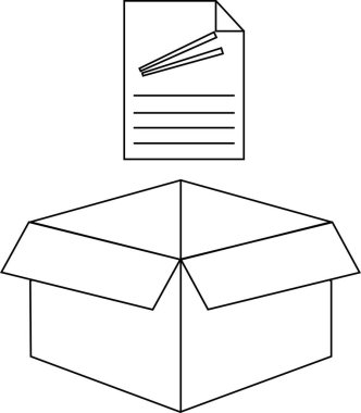Üzerinde belgeler olan açık bir kutunun basit bir siyah-beyaz çizimi, içine yerleştirilmeye hazır..