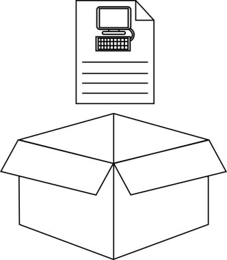 Bir bilgisayar belgesinin açık bir kutunun üzerine yerleştirilmiş siyah beyaz çizimi, basit ama sembolik bir resim oluşturur.
