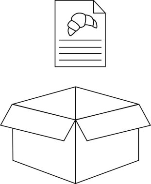 Açık bir kutunun üzerinde kruvasan tarifi gösteren basit bir siyah-beyaz çizim, pişirme ya da teslimat önerisi.