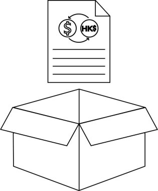 Finansal işlemleri ve uluslararası ticareti sembolize eden, açık bir karton kutunun üzerinde asılı duran bir döviz kuru belgesi.