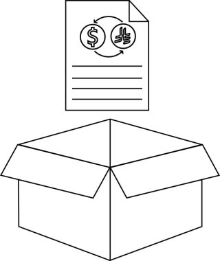 Finansal işlemleri veya uluslararası ticareti sembolize eden, açık bir karton kutunun üzerine yerleştirilmiş para birimi döviz belgesinin bir çizimi.